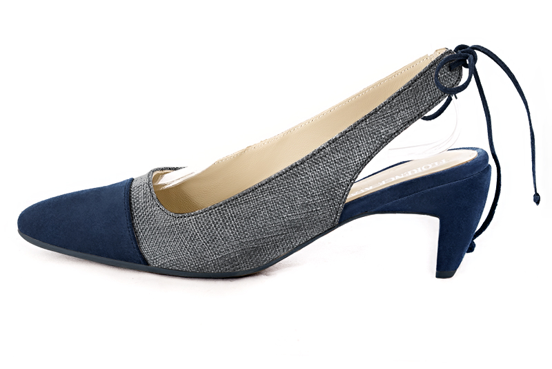 Navy blue and dark grey women's slingback shoes. Round toe. Medium comma heels. Profile view - Florence KOOIJMAN
